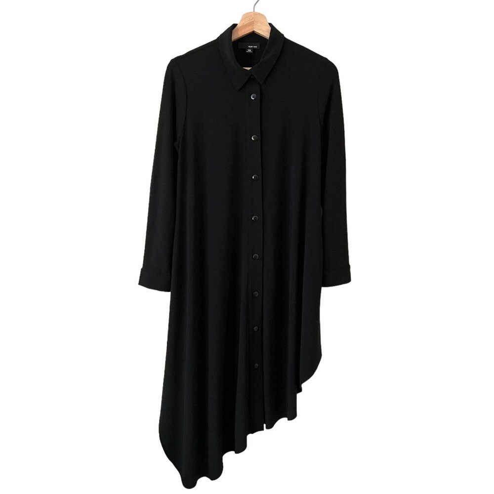 Sun Kim Womens Lagenlook Asymmetric Hem Midi Shirt‎ Dress Black XS Collared